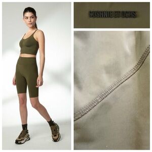 CUSHNIE ET OCHS Active High Rise Long Length Bike Shorts, Olive Green sz. XS
